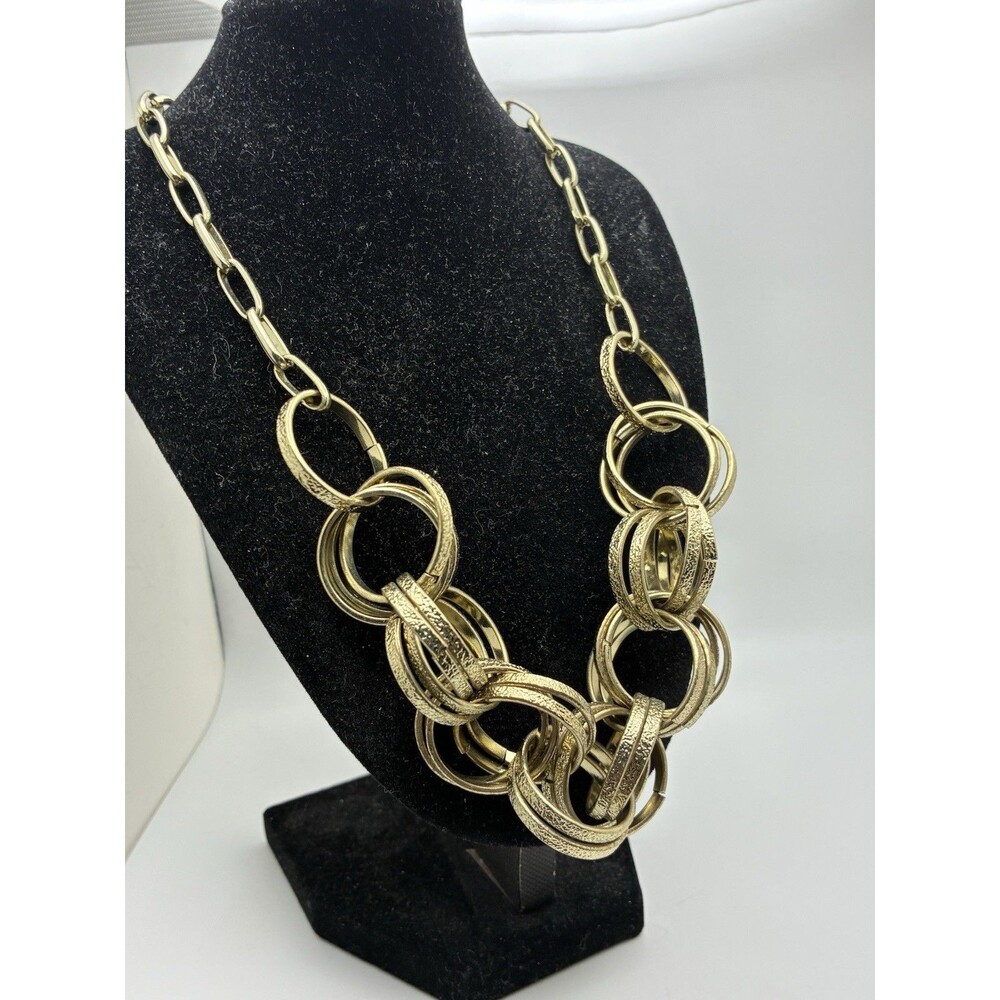 Textured Stacked Multi Hoop Statement Necklace Gold Tone Paperclip Chain 16” Adj